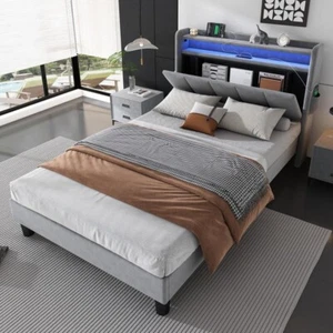 Single Bed 3FT Grey Velvet USB Charging LED Light Storage Bed for Teen Kids - Picture 1 of 12