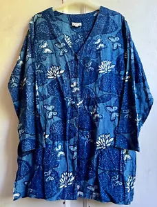 Lovely Vintage *ANOKHI FOR EAST* Blue Lotus Butterfly Hand Block Print Jacket 12 - Picture 1 of 6