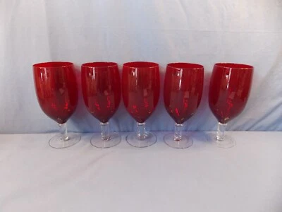 Mid Century Modern Pedestal 5 Ruby Red Iced Teas 7 7/8" tall - Image 1 of 4