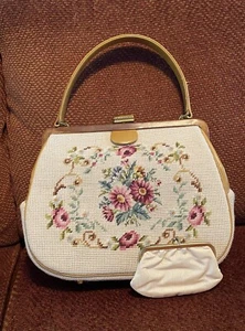 Vintage 60’s Needlepoint Floral Purse Multicolor Leather Trim With Change Purse - Picture 1 of 7
