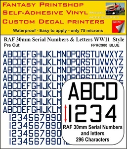 RC Vinyl Sticker Decals RAF LETTERS NUMBERS 30mm PRE CUT FPRC900 BLUE GLOSS - Picture 1 of 3