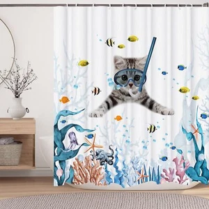 Funny Cat Shower CurtainCute Cat Teal Blue Sea OceanShower Curtain SetUnderwa... - Picture 1 of 7