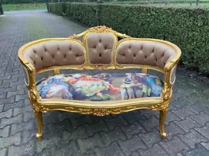 Sofa French Louis XVI Corbeille Gold Gilded Beech Wood Tufted Velvet w/ Scenery - Picture 1 of 13