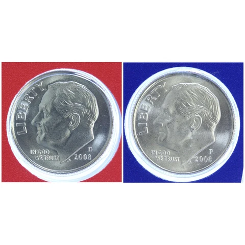 2008 P and D Roosevelt Dime 2 Coins from US Mint Set BU Cellos Ten Cents Two 10c Cover