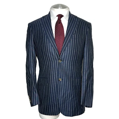 Façonnable Wool Silk Linen Blend Blue With White Chalk Stripe Sport Coat 38 R - Image 1 of 4