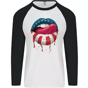 Sexy USA Flag Lips America July 4th Mens L/S Baseball T-Shirt - Picture 1 of 20