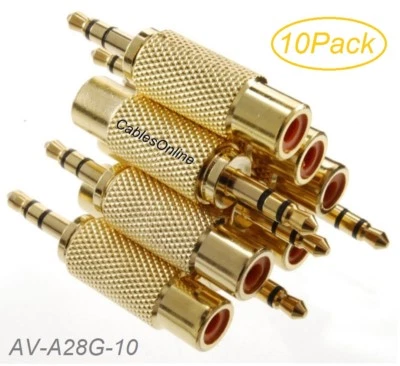 10-Pack 3.5mm Stereo TRS Male Plug to RCA Female Jack Audio Adapters, AD-A28G-10 - Image 1 of 4
