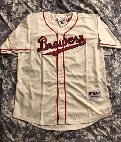 Brewers Throwback 1948 Jersey Home Ivory Red script TBTC #8, 9, 27 Braun, Uecker Cover