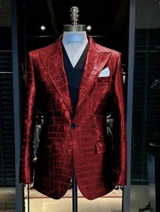 Fashion Faux Leather Men's Suits Wide Peak Lapel Dinner Host 2 Pcs Casual Blazer - Picture 1 of 11