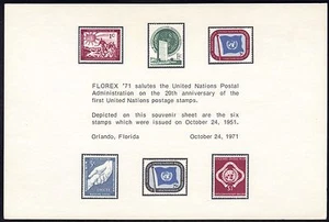 UN United Nations Souvenir Cards MNH 1971 Florex Salutes Postal Admin. 20 Jahre - Bild 1 von 1