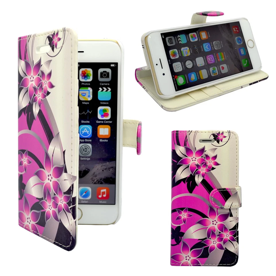 CASE FOR APPLE IPHONE 6 6S PINK CREAM FLOWER PRINTED DESIGN PU LEATHER WALLET - Image 1 of 4