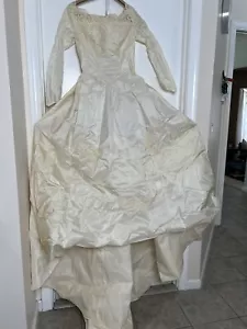 Vintage Hand Made Satin Wedding Dress Ivory SMALL WAIST 24” Beautiful Long Sleev - Picture 1 of 24