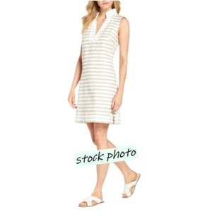 Eliza J Linen Blend Dress Size 2 Tan White  Sleeveless Striped Coastal Nautical - Picture 1 of 10