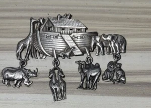 Vintage JJ Signed Jonette Noah’s Arc Animal Boat Charm Dangle Pewter Brooch Pin - Picture 1 of 3