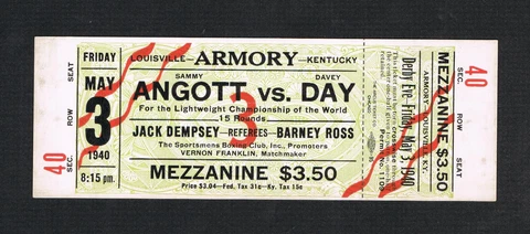 1940 Lightweight Championship Sammy Angott Davey Day Jack Dempsey boxing ticket Cover