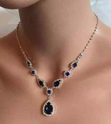 7Ct Pear Cut Lab-Created Sapphire Women Wedding Necklace 14K Wh Gold Plated 18" - Image 1 of 4