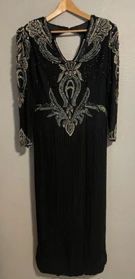 Vintage Monika Dress Womens 16 Black Silk Beaded Sequin Evening Formal 90s - Image 1 of 4