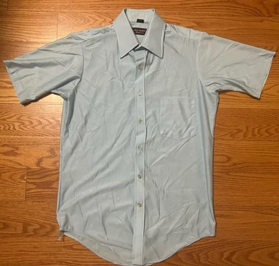 NEW! Mens Vintage Van Heusen Qiana Nylon S/S Button Down Disco Shirt Blue 15" - Image 1 of 4