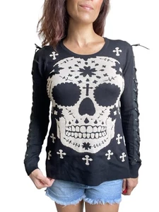 Mexican Sugar Skull and Cross Knit Sweater with Lace-up Sleeves - Picture 1 of 8