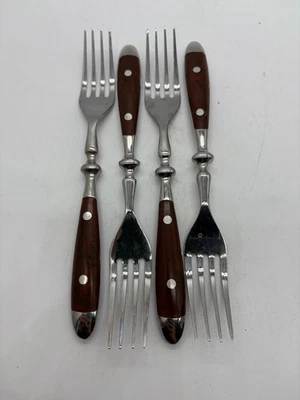 Vintage Lot of 4 Dinner Forks Stainless Steel Wood Look Handle Retro Flatware - Image 1 of 3
