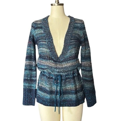 Suéter túnica tejido abierto Art & Soul talla M lazo cintura escote profundo azul artístico Foto 1 de 4