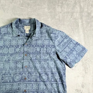 LL Bean Traditional Fit Short Sleeve Button Down Shirt Blue Paisley Print L - Picture 1 of 9