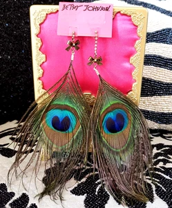 Vintage Betsey Johnson Morocco Adventure Huge 7" Peacock Feather Earrings NWT - Picture 1 of 5