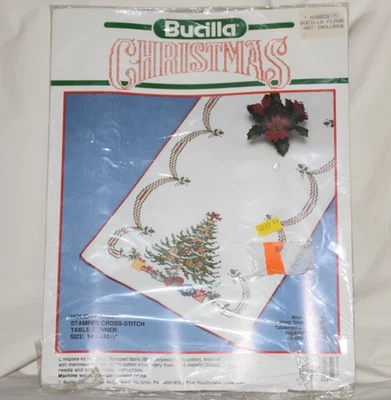 Vtg NOS Bucilla Christmas Holiday Tree Cross Stitch Table Runner Kit & DMC Floss - Image 1 of 4