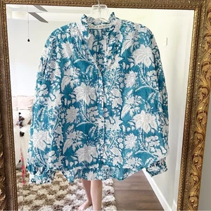 Alix of Bohemia Poet blusa turchese stampa floreale blocco colletto con volant - Foto 1 di 6