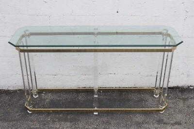 Hollywood Regency Lucite and Brass Finish Glass Top Console Table 5652 - Image 1 of 4