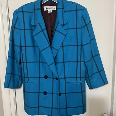 Chaqueta Blazer De Colección Liz Claiborne 100% Lana Turquesa Cuadros Doble Pecho Talla 14 Foto 1 de 4