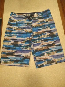 prAna Men’s Board Shorts Swim Trunks Blue multi color Size 34 UPF 50+ VG - Picture 1 of 12