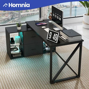 55" L Shaped Office Computer Desk Drawer Glass Shelves LED Light w/ Power Outlet - Picture 1 of 11