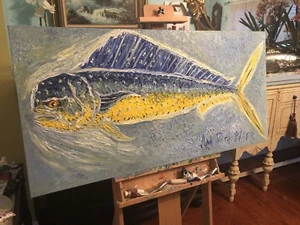 4' HUGE MAHI MAHI Dorado GAME FISH OIL PAINTING SUSHI ANN SUSAN ELMER AWESOME - Picture 1 of 12