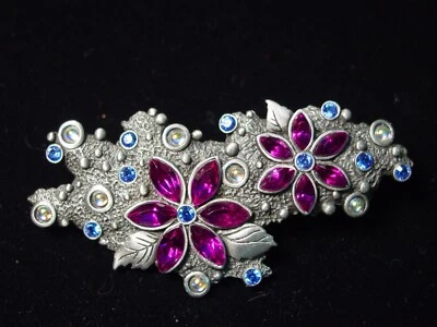 "JJ" Jonette Jewelry Silver Pewter 'Purple Flowers with Blue & White Gems' Pin - Image 1 of 2