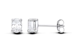 Sterling Silver 925 Simulated Diamond Oval Solitaire Stud Earrings - Picture 1 of 6
