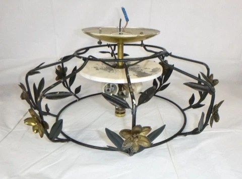 Vtg 40s 50s Lightolier Ceiling Mount Fixture Metal Cage W/ Tole Flowers 16" Cover