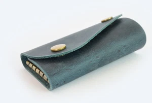 men women key box case Ring holder pocket real cow Leather pouch bag blue H186 - Picture 1 of 4