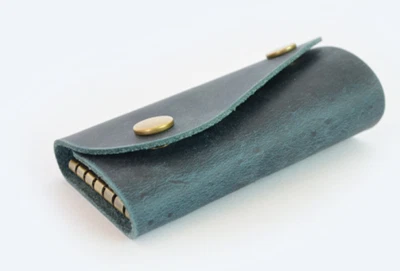 men women key box case Ring holder pocket real cow Leather pouch bag blue H186 - Image 1 of 4