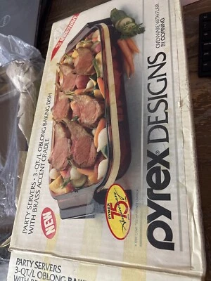 NIB Pyrex Designs Party Server 3 Qt Baking Dish With Brass Accent Cradle - Image 1 of 3