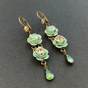 Michal Negrin Earrings Vintage Pastel Green Aqua Beige Crystal Romantic Roses - Picture 1 of 16