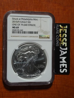 Silver Eagle NGC MS69 2015 (P) acuñado en Philadelphia como nuevo una de las 79.640 etiquetas Foto 1 de 2