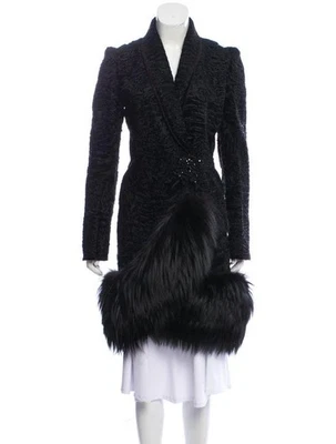 Abrigo largo de piel de cordero persa real para mujer piel de zorro dobladillo inferior ribete todas las tallas preventa Foto 1 de 4