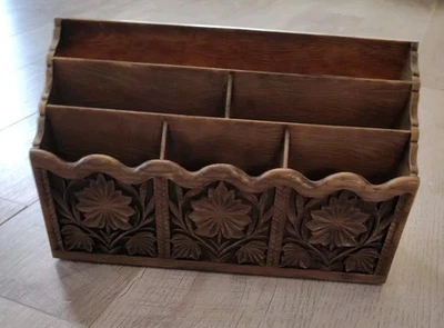 Vintage Lerner Caddy Faux Carved Wood Desktop Letter Holder Mail Organizer 7x12 - Image 1 of 4