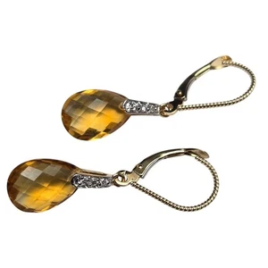 Vintage Estate 14K Yellow Gold Citrine Briolette & Diamond Drop Dangle Earrings - Picture 1 of 5