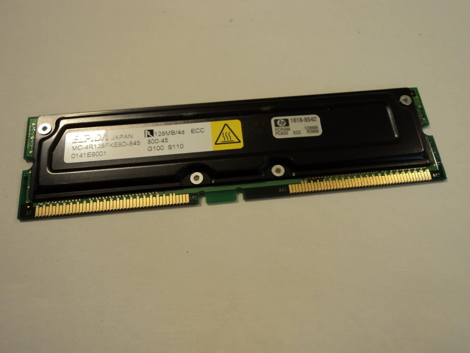 Elpida 128MB PC800MHz ECC 184-Pin RDRAM RIMM RAMBUS Memory MC-4R128FKE8D-845 - Image 1 of 1