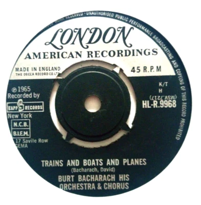 Burt Bacharach - trains and boats and planes, excellent condition 7” vinyl - Image 1 of 4