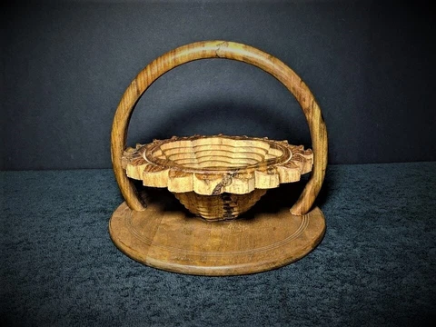 Vintage Wooden Hand Carved Collapsible Basket with Handle - Made in India Cover