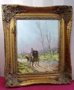 Pittura su Tela " Diligenza in Campagna " Firmato Ortiz (?) circa 1940 37x32 - Foto 1 di 6