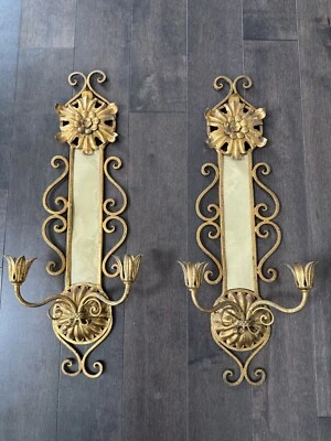Pair Of Vintage Ornate 2-Arm Golden Tone Gilt Metal Wall Sconces 25”x10” - Image 1 of 4